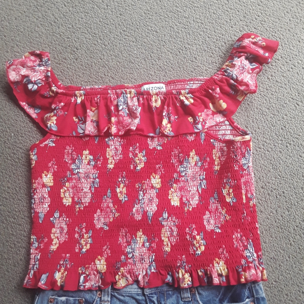 Red Floral Summer Top-  On or Off Shoulder